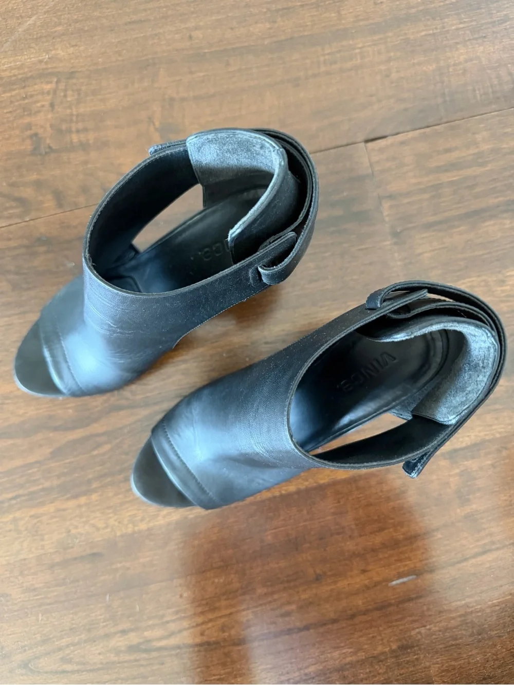 Vince Katia Black Open-Toe Wedge Booties, Size 9